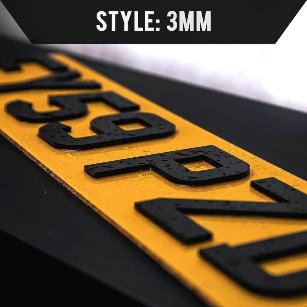 3mm 4D number plate on a yellow rear plate, close up of the raised characters