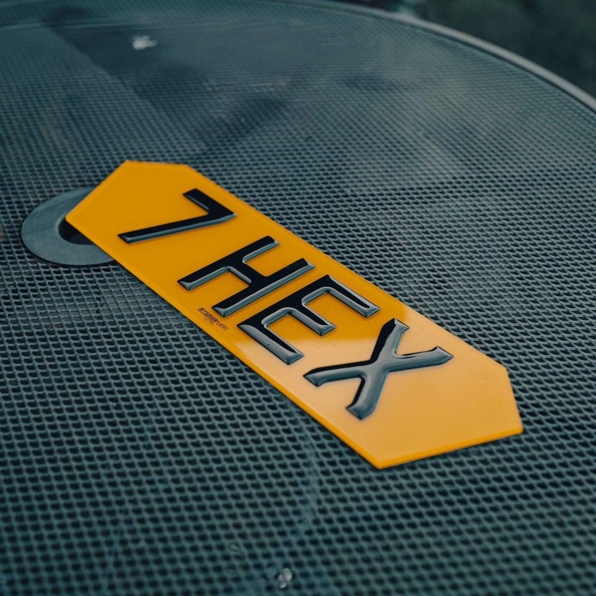 Hex number plate on a mesh grille